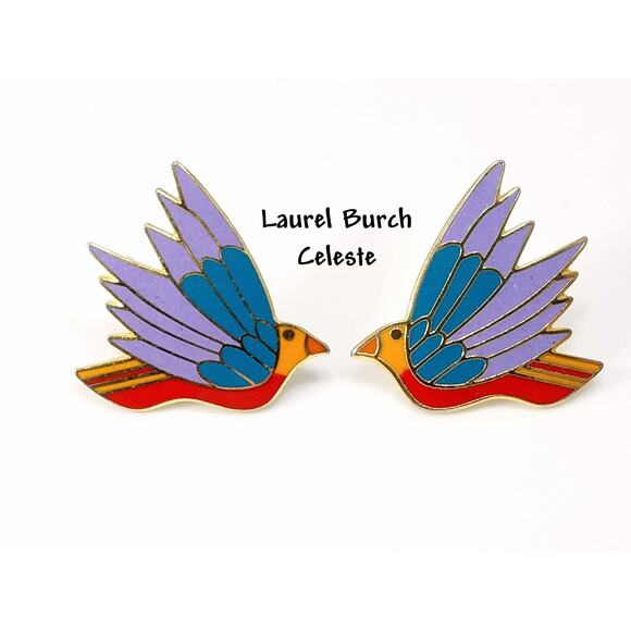 Laurel Burch "Celeste" Bird Earrings, Gold Plated Cloisonne Enamel, 1980s - Picture 1 of 10